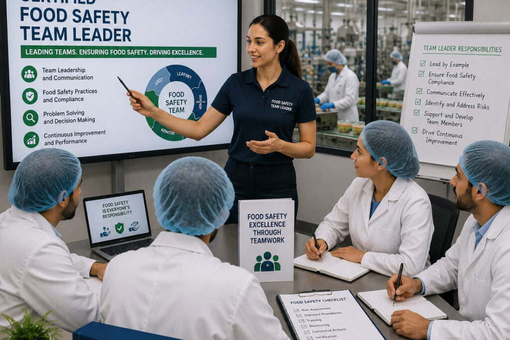 Food safety team leader conducting training with manufacturing staff in a food production environment