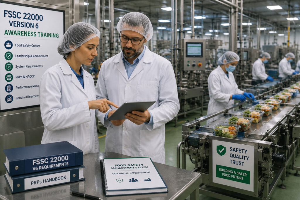 Food safety professionals reviewing FSSC 22000 Version 6 procedures in a food manufacturing facility
