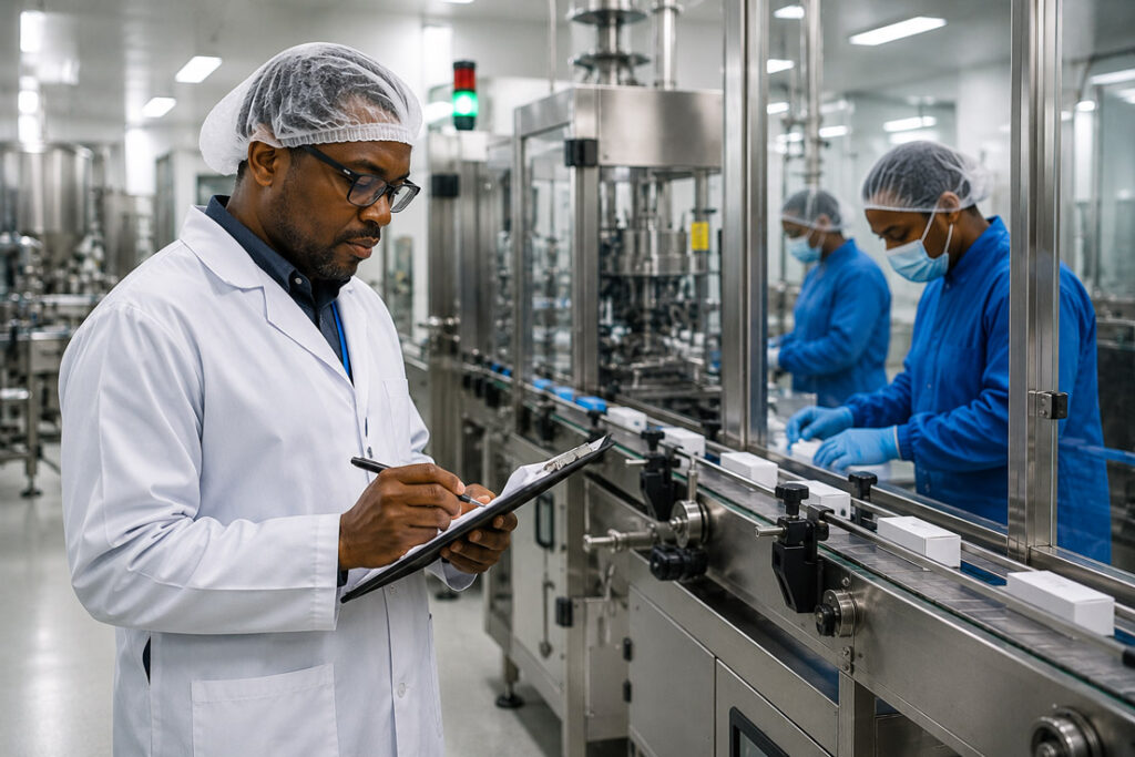 GMP certified auditor inspecting a manufacturing production facility