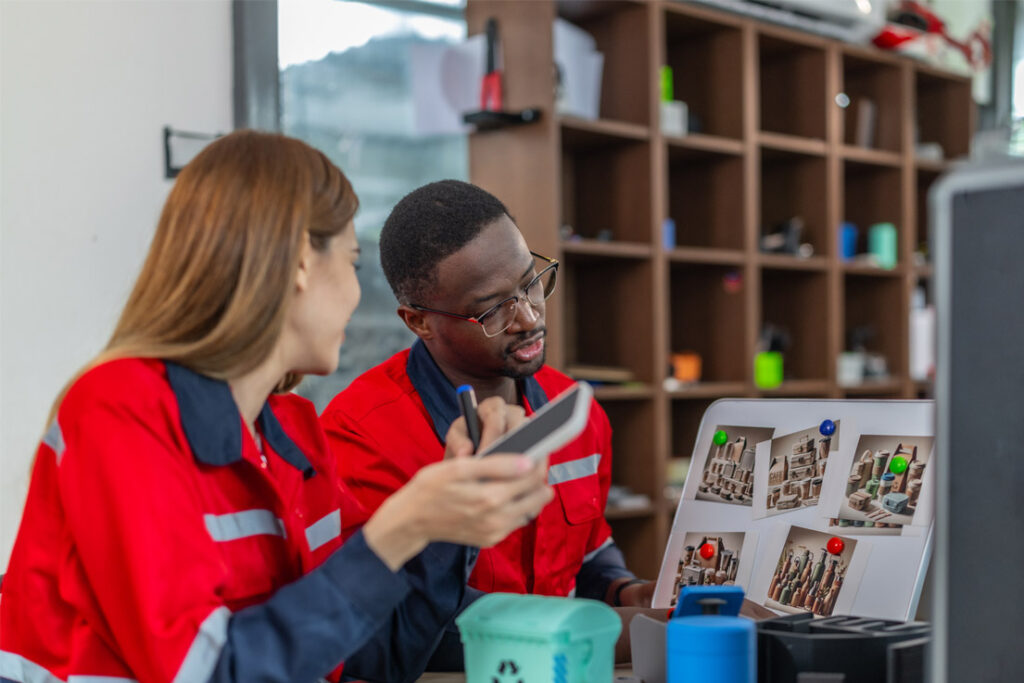 Environmental management professionals implementing EMS procedures at a manufacturing facility