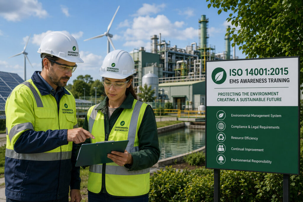 Environmental management professionals reviewing sustainability procedures at an industrial facility