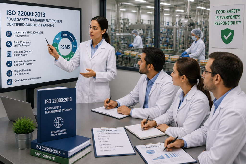 ISO 22000:2018 certified auditor training session in a food safety management environment
