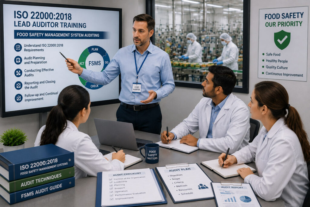 Food safety auditor leading ISO 22000 training in a manufacturing facility