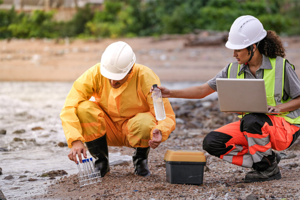 Workplace safety team conducting an occupational health and safety inspection in an industrial facility