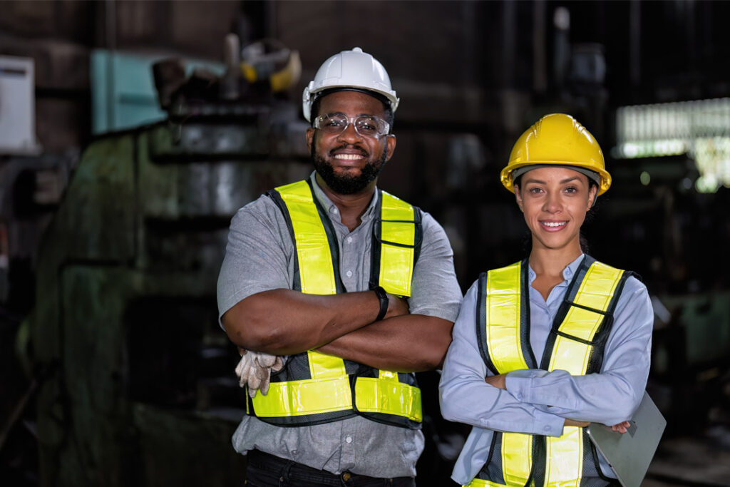 Health safety and environmental team reviewing workplace compliance procedures at an industrial facility