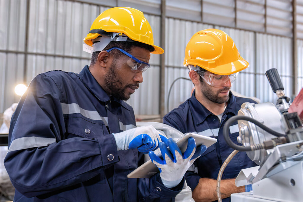 Health safety and environmental professionals conducting a workplace inspection at an industrial facility