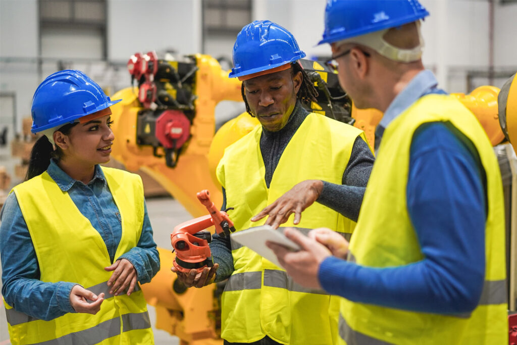 Integrated management system team reviewing operational compliance procedures in an industrial environment