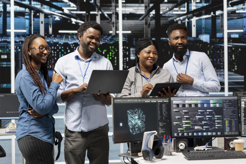 Information security professionals implementing cybersecurity and data protection procedures in a corporate environment